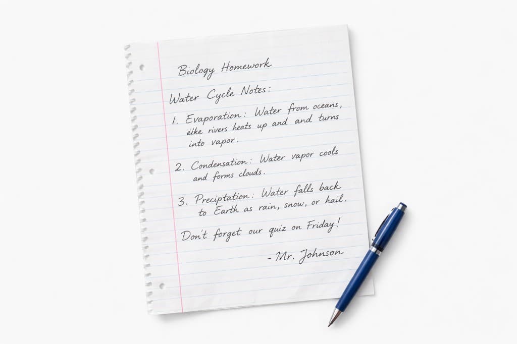 Handwritten school notes on lined paper — sample input for cursive OCR
